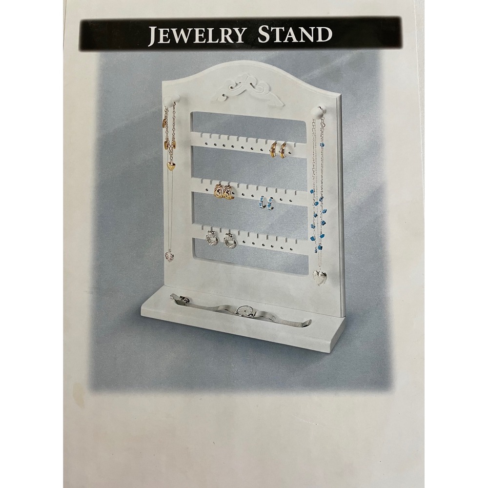 NIB White Shabby Chic Wooden Jewelry Stand Countertop‎ Earring Holder Organizer